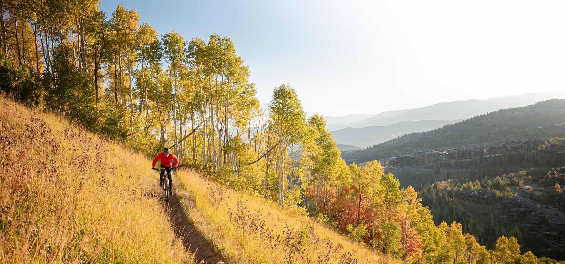 Jans Expert rides on a mountain bike trail at Deer Valley Resort, Park City, UT